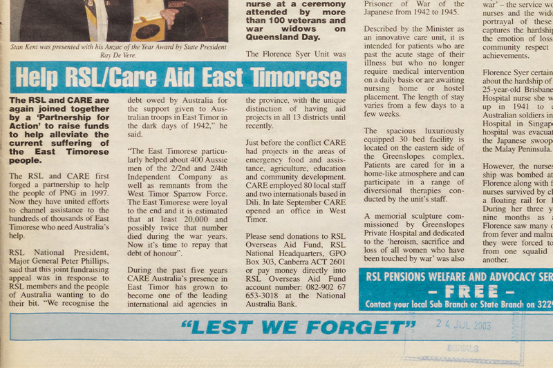 RSL News Help Care/ Aid East Timorese article