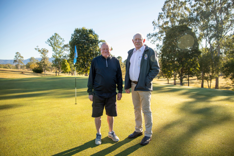 Kilcoy RSL Sub Branch advocate Francis “Blue” Reidy OAM (left) and Sub Branch President John Robinson OAM on the green at the Kilcoy ADF Golf Day 