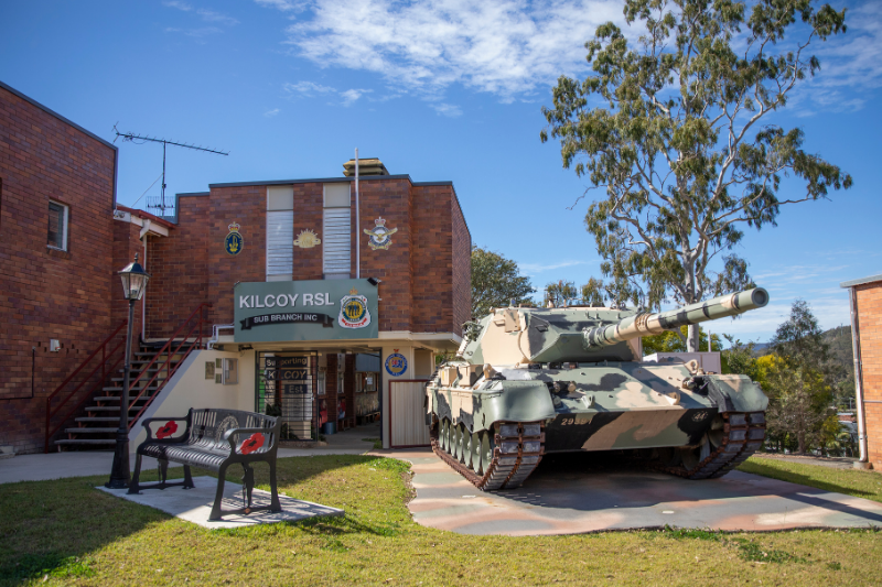 Kilcoy RSL Sub Branch with a tank out the front of the building