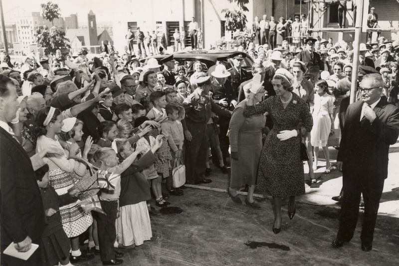 HRH Princess Alexandra, arriving to open Anzac House on 20 August 1959. State President Raymond Huish can be seen far right adjusting his tie