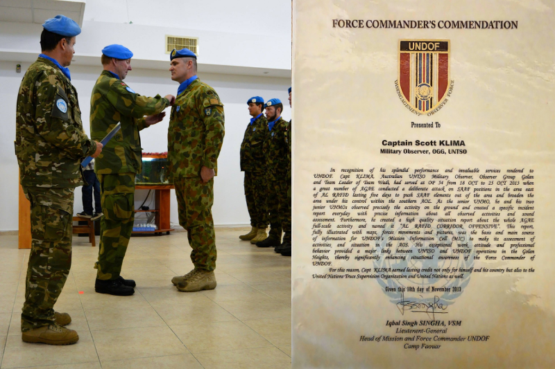 Scott receives the Force Commander’s Commendation from the United Nations Disengagement Observer Force (UNDOF)