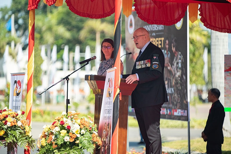 General Sir Peter Cosgrove AK CVO MC (Retd) speaking at the 20th Anniversary service in Dili, East Timor.