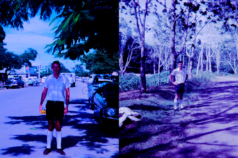 Greg shopping in Wewak, 1969; Greg at McDonald’s Corner, Port Moresby, 1970.