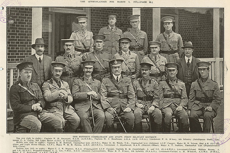 The District Commandant and Staff, First Military District. Richard Walsh is standing second from the left in the middle row. Source - The Queenslander Pictorial, 3 March 1917, 25.