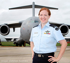 Samantha Freebairn in uniform in front of Airforce Aircraft