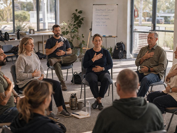 People sitting on chairs doing a breathing exercise with their eyes shut and hands on heart and stomach.